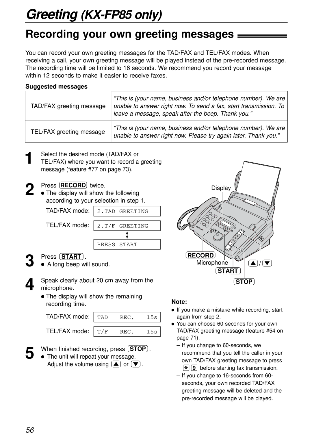 Panasonic KX-FP81AL, KX-FP85AL manual Recording your own greeting messages, Suggested messages, Microphone, Start Stop 