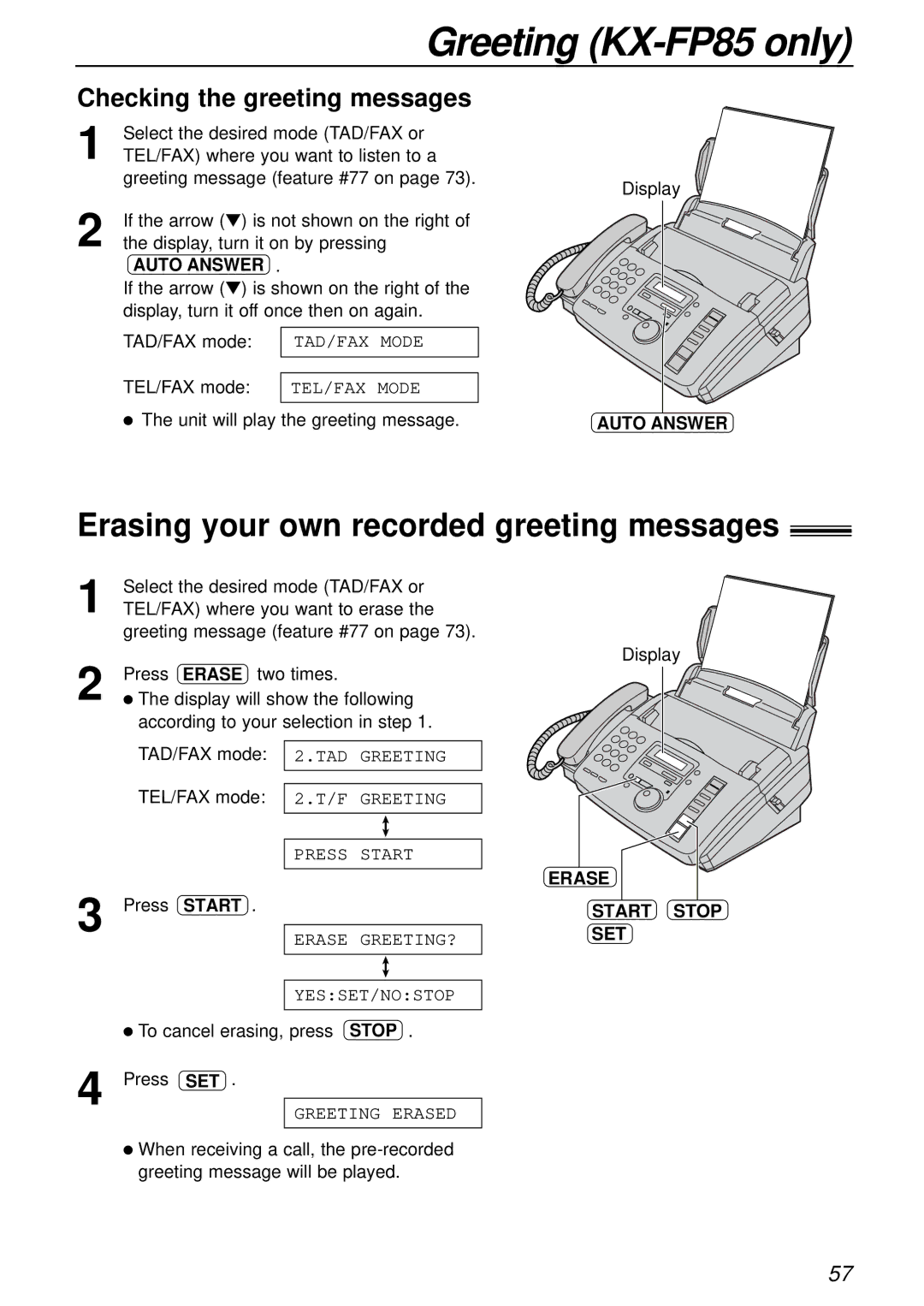 Panasonic KX-FP85AL Erasing your own recorded greeting messages, Checking the greeting messages, Erase Start Stop SET 