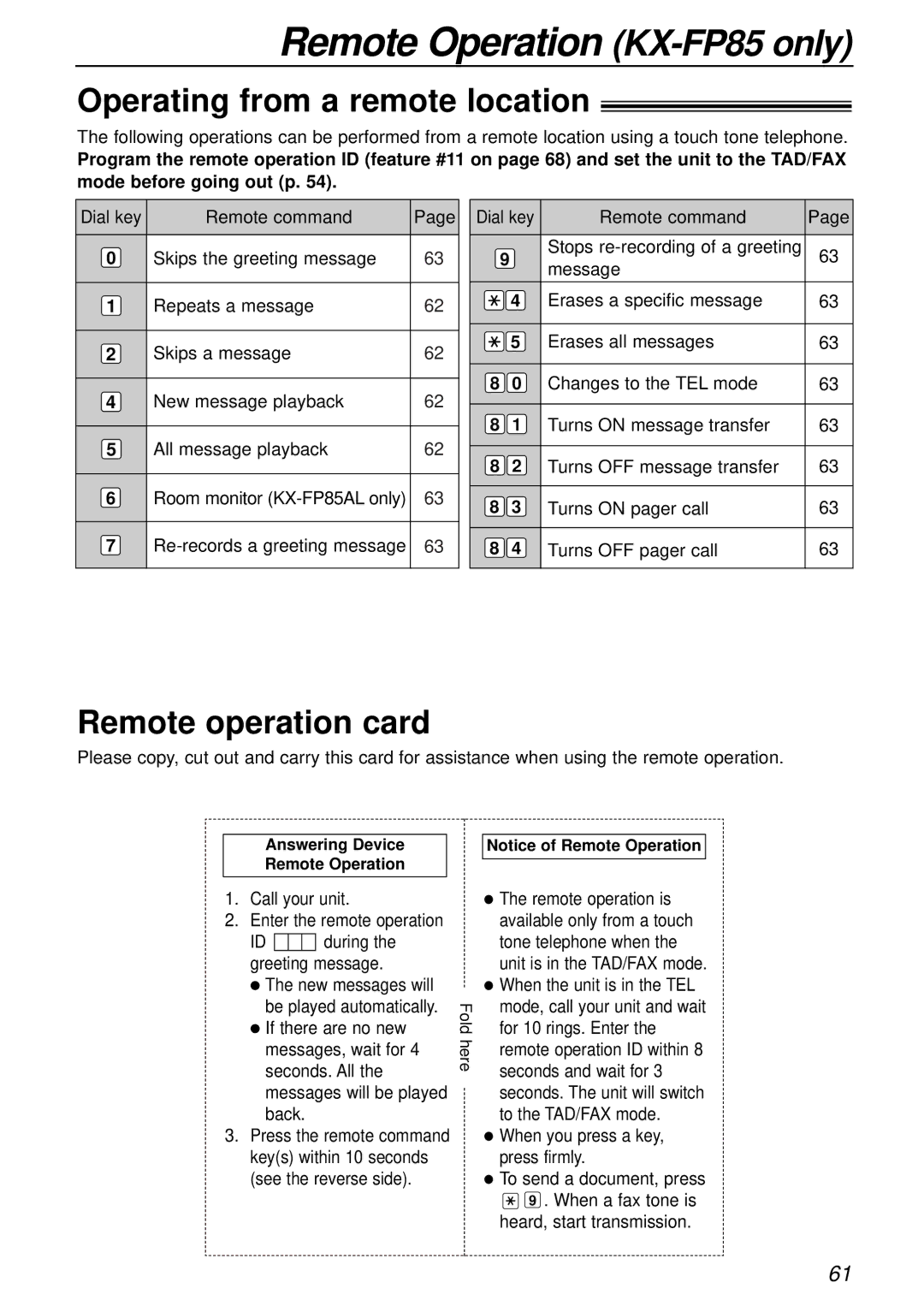 Panasonic KX-FP85AL, KX-FP81AL manual Remote Operation KX-FP85 only, Operating from a remote location, Remote operation card 