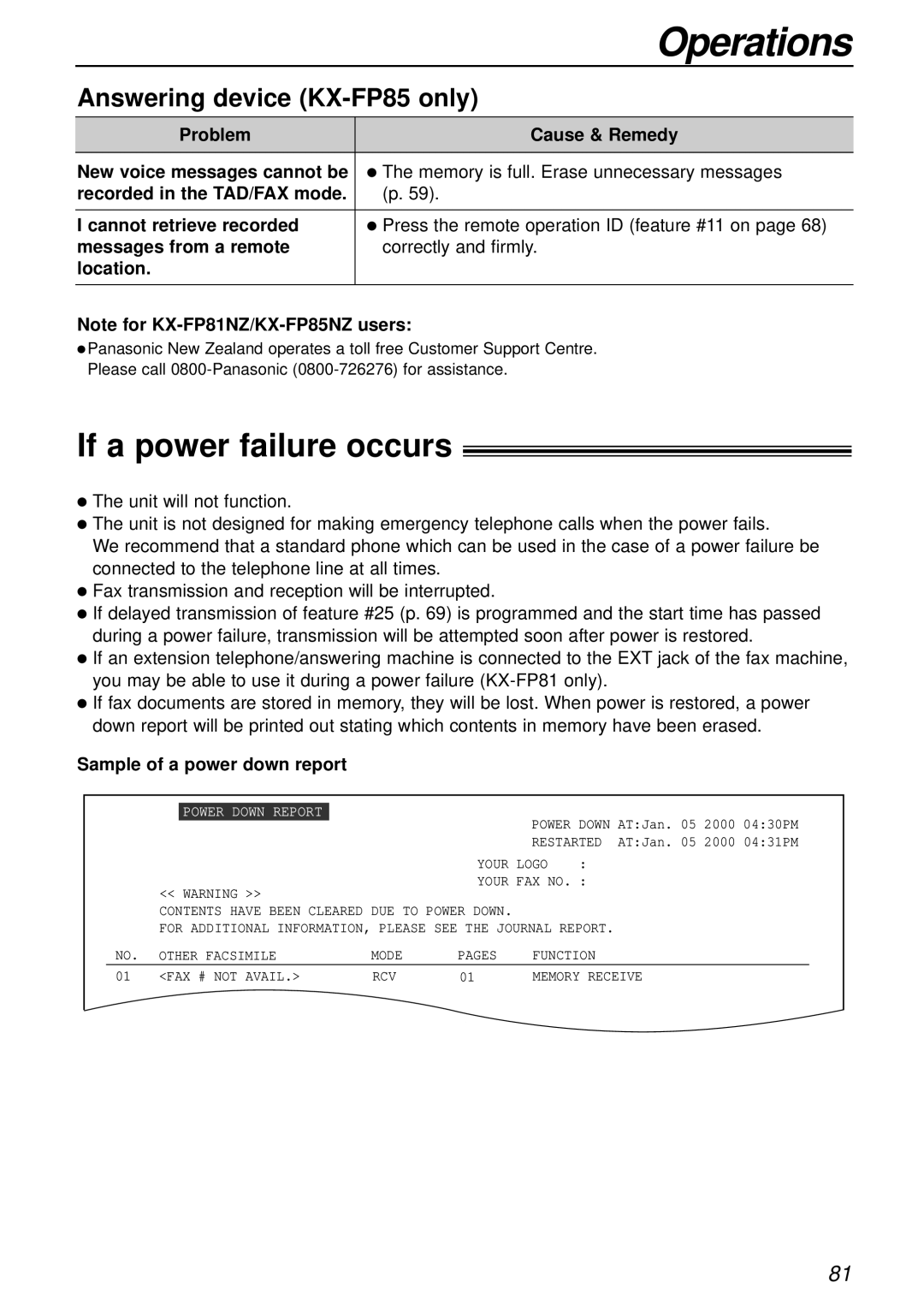 Panasonic KX-FP85AL, KX-FP81AL manual If a power failure occurs, Sample of a power down report 