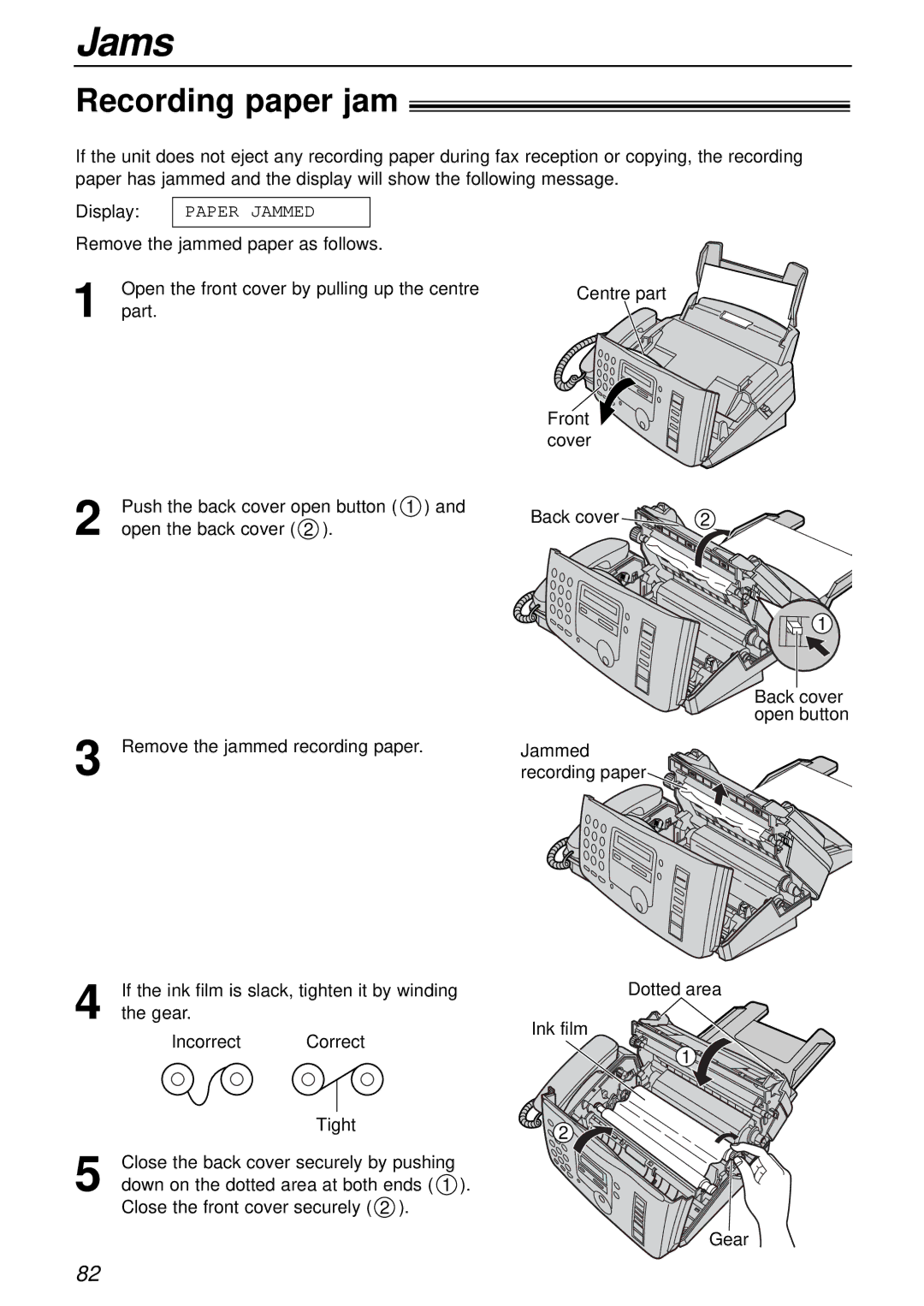 Panasonic KX-FP81AL, KX-FP85AL manual Jams, Recording paper jam 