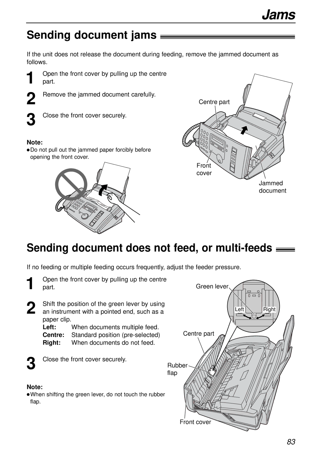 Panasonic KX-FP85AL, KX-FP81AL Sending document jams, Sending document does not feed, or multi-feeds, Left, Centre, Right 