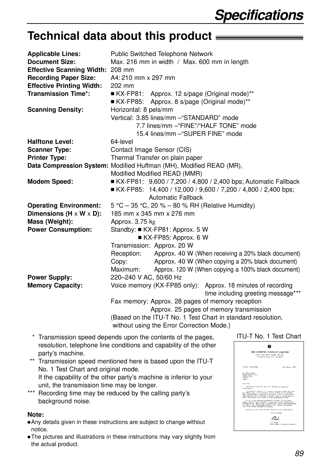 Panasonic KX-FP85AL, KX-FP81AL manual Specifications, Technical data about this product 