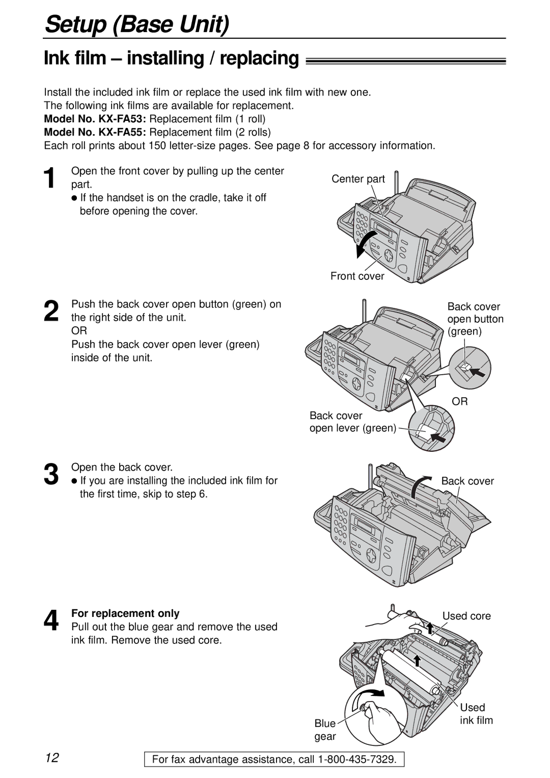 Panasonic KX-FPC161 manual Setup Base Unit, Ink film installing / replacing, For replacement only 