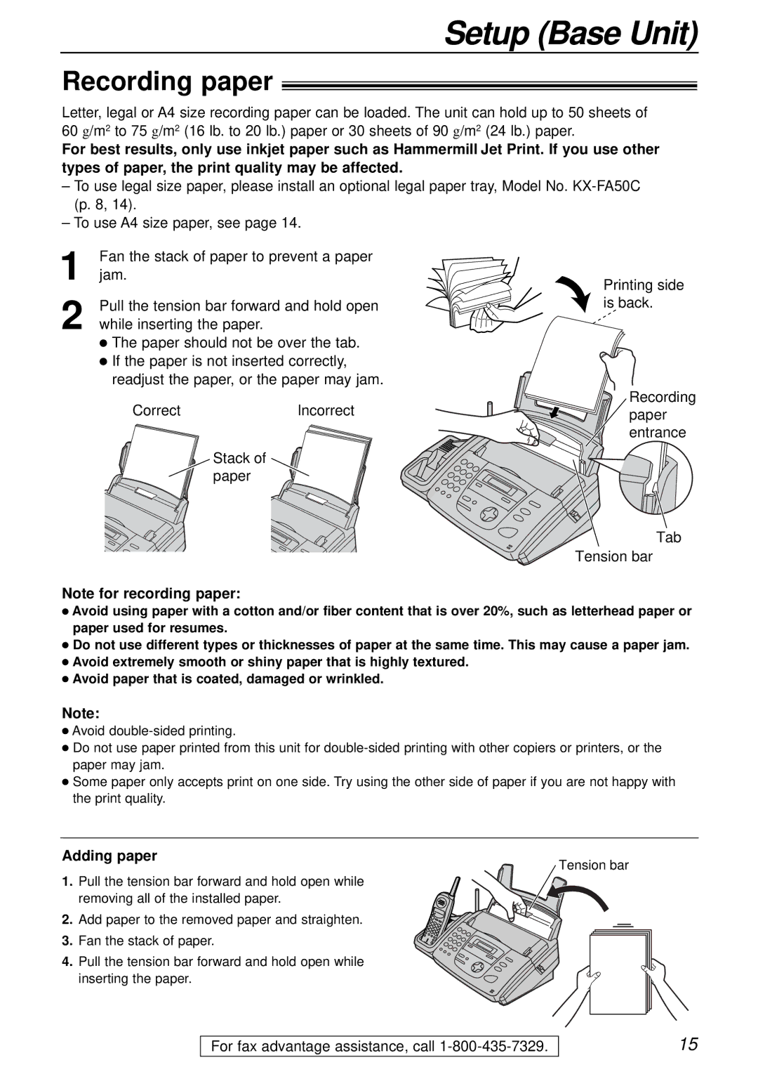 Panasonic KX-FPC161 manual Recording paper, Adding paper 