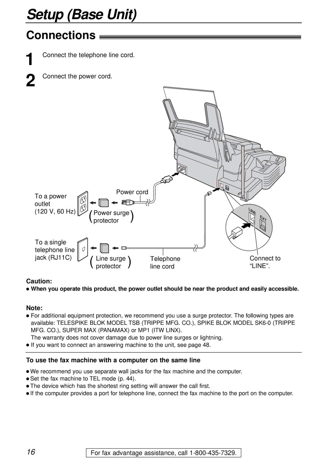 Panasonic KX-FPC161 manual Connections, To use the fax machine with a computer on the same line 