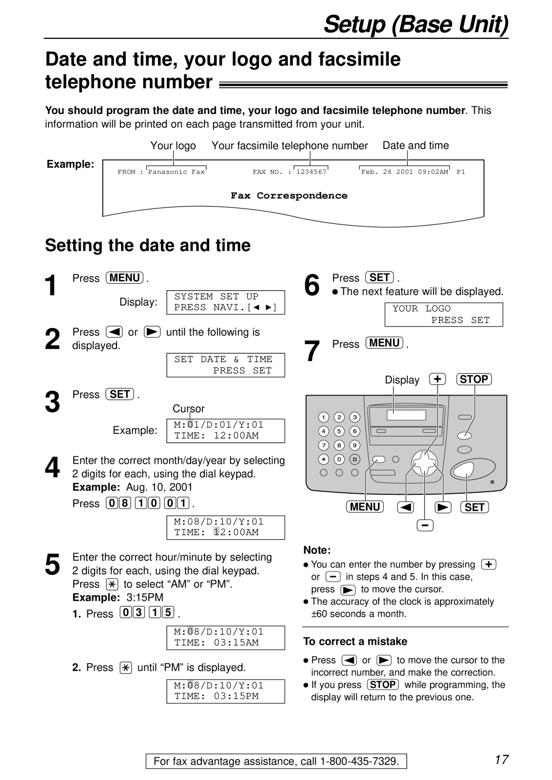 Panasonic KX-FPC161 manual Date and time, your logo and facsimile telephone number, Setting the date and time, Menu SET 