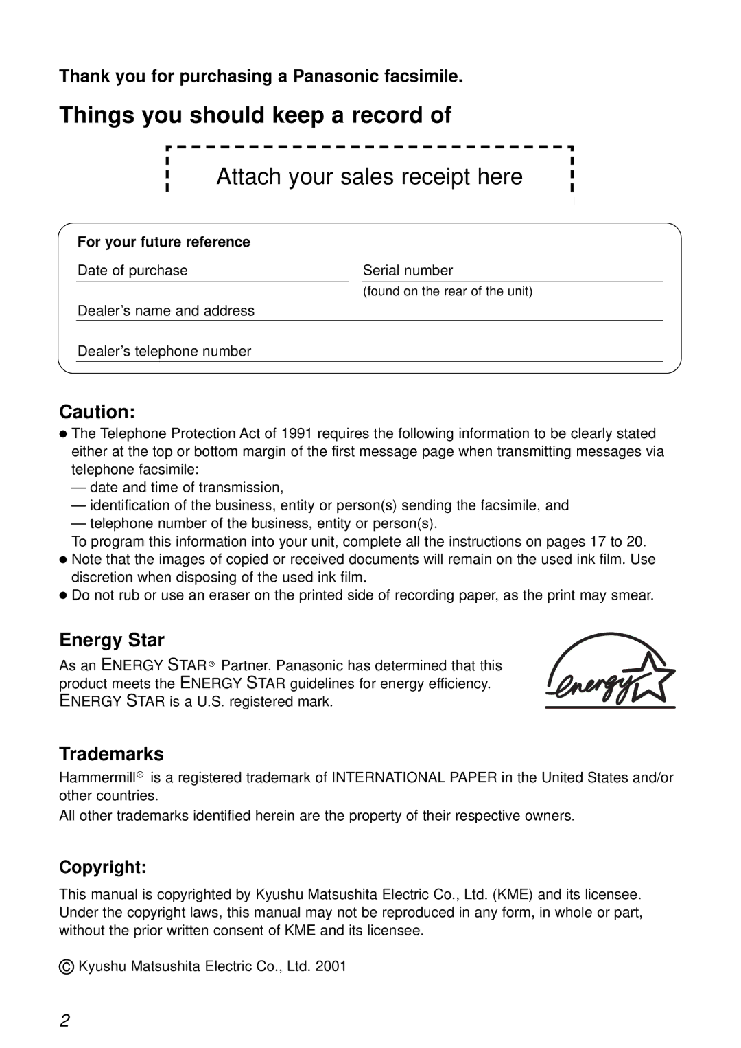 Panasonic KX-FPC161 manual Things you should keep a record, For your future reference 