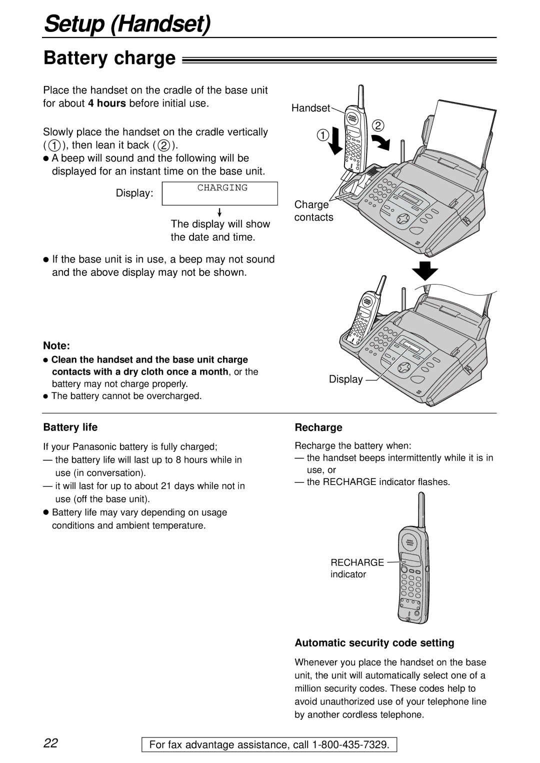 Panasonic KX-FPC161 manual Battery life, Recharge, Automatic security code setting 