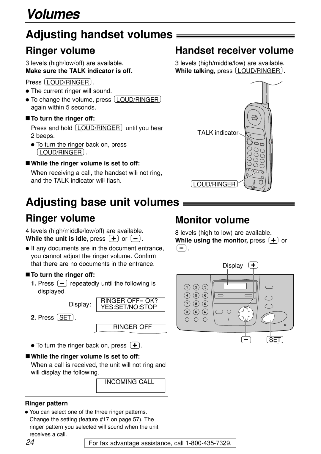 Panasonic KX-FPC161 manual Volumes, Adjusting handset volumes, Adjusting base unit volumes 