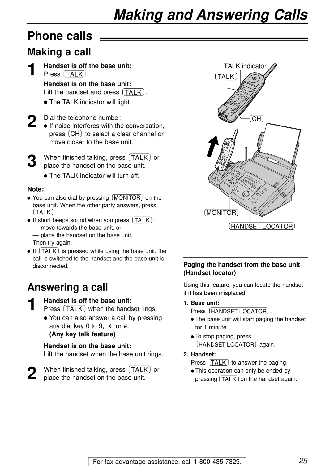 Panasonic KX-FPC161 Making and Answering Calls, Phone calls, Making a call, Answering a call, Talk Monitor Handset Locator 