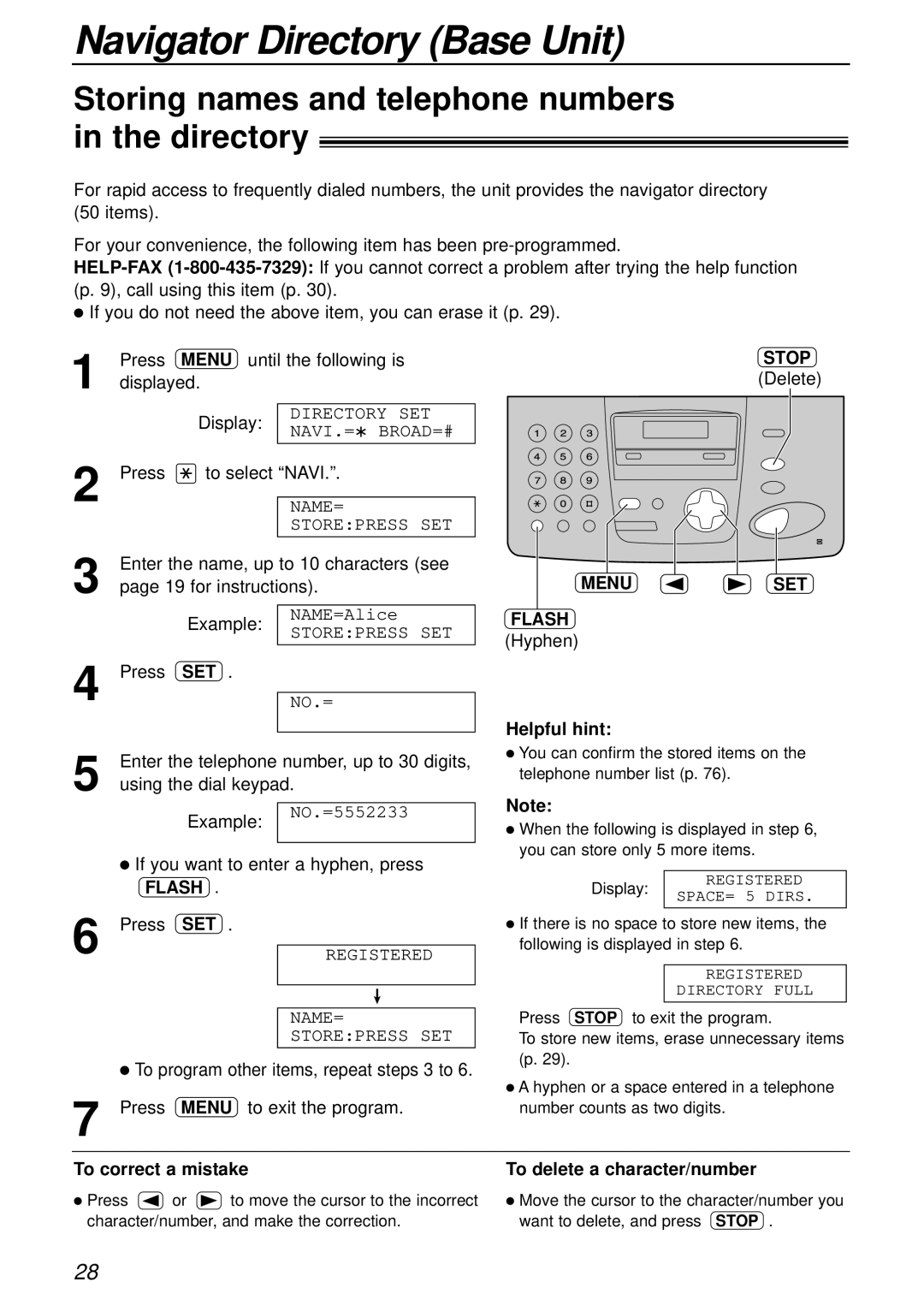 Panasonic KX-FPC161 manual Navigator Directory Base Unit, Storing names and telephone numbers in the directory, Flash 