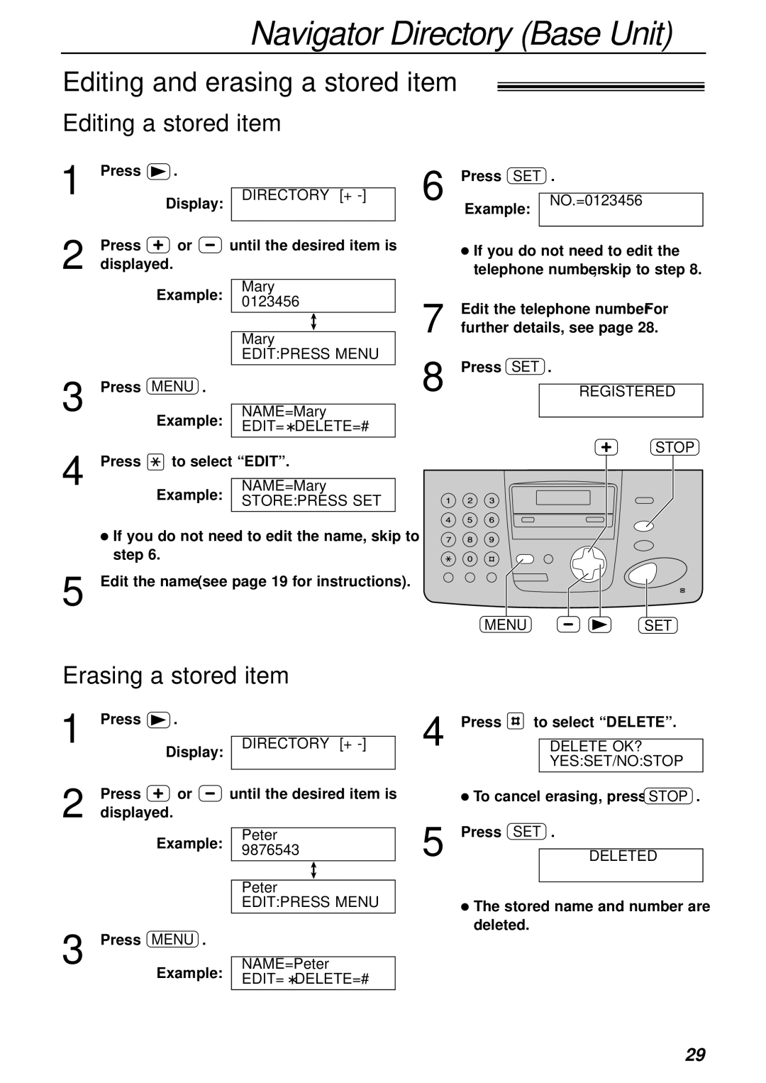 Panasonic KX-FPC161 manual Editing and erasing a stored item, Editing a stored item, Erasing a stored item, Stop Menu SET 