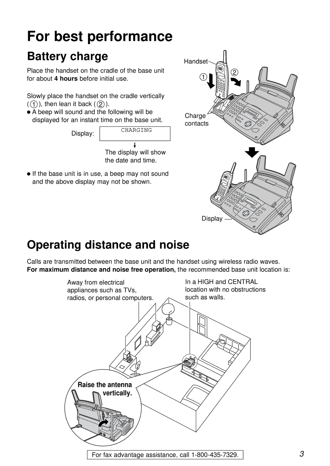 Panasonic KX-FPC161 manual Battery charge, Operating distance and noise, Raise the antenna vertically 