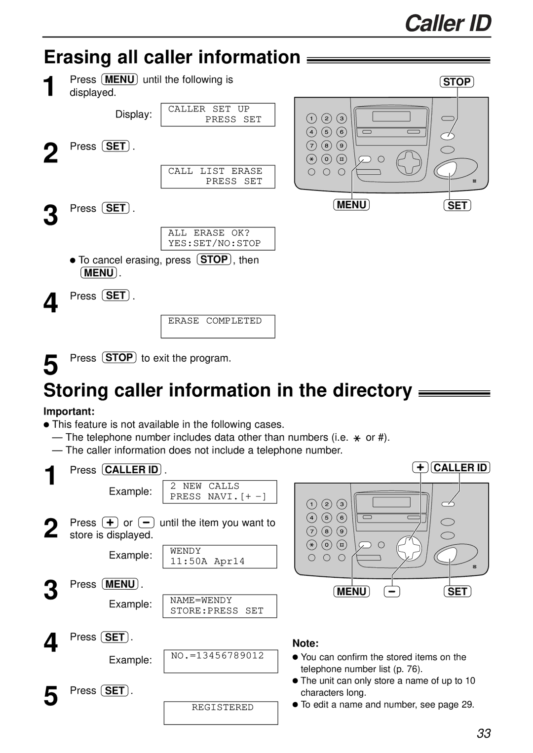 Panasonic KX-FPC161 manual Erasing all caller information, Storing caller information in the directory, Caller ID Menuset 