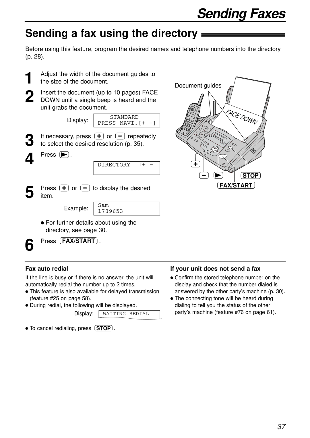 Panasonic KX-FPC161 manual Sending a fax using the directory, Stop FAX/START, Press FAX/START Fax auto redial 