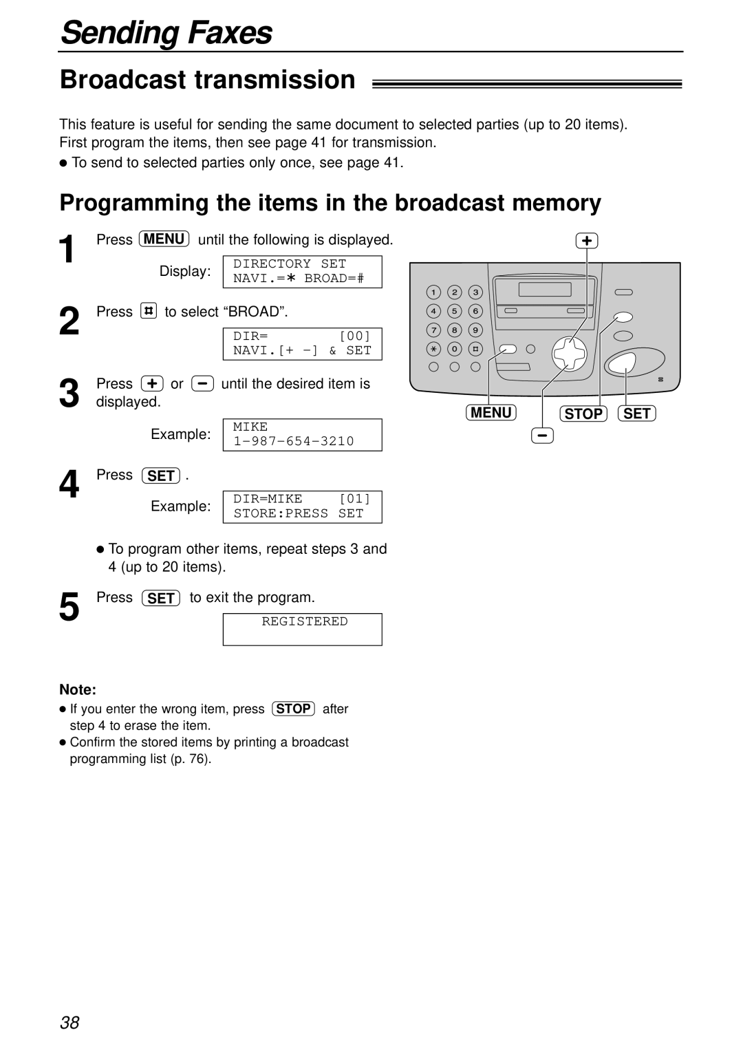 Panasonic KX-FPC161 manual Broadcast transmission, Programming the items in the broadcast memory, Menu Stop SET 