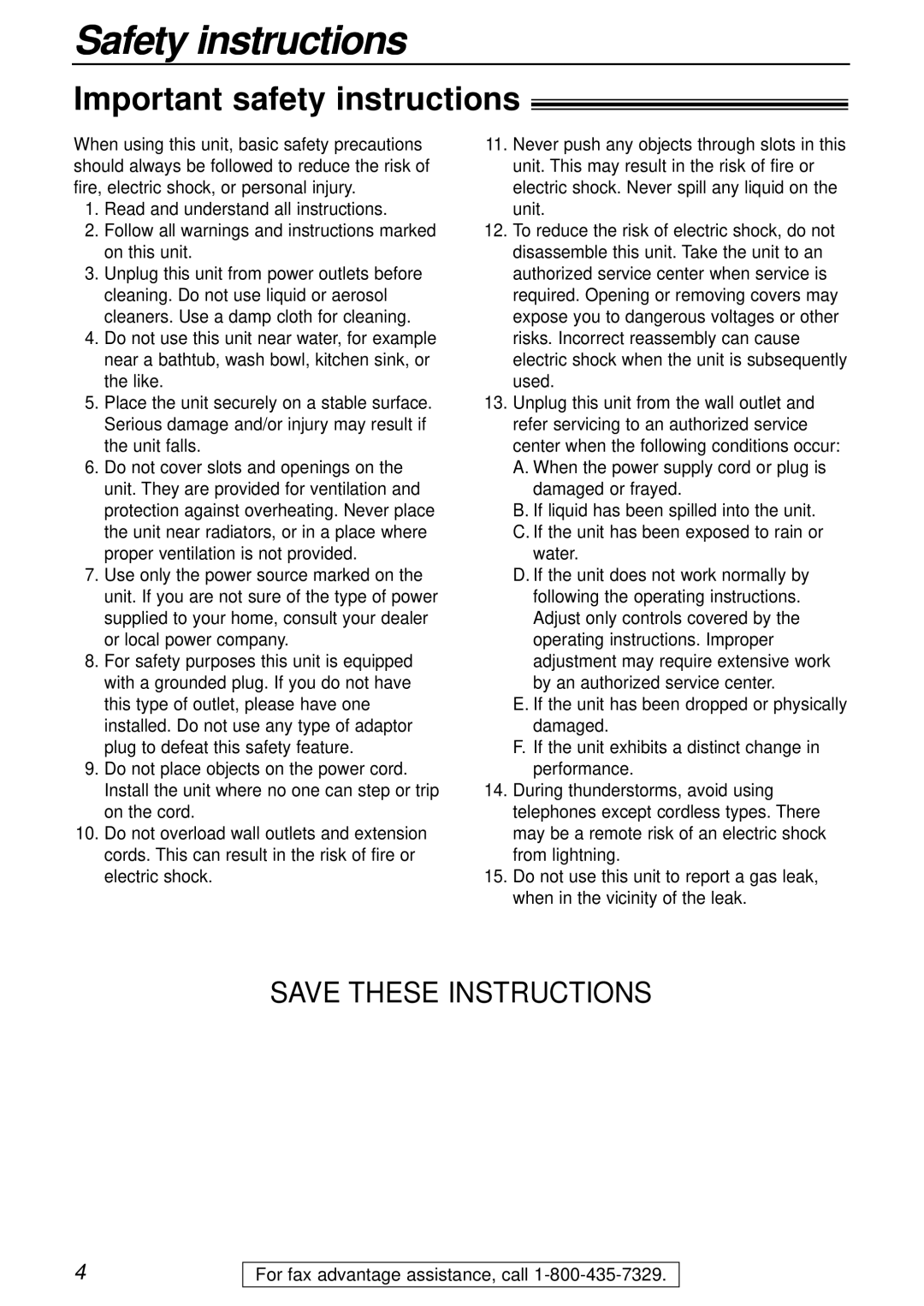 Panasonic KX-FPC161 manual Safety instructions, Important safety instructions 