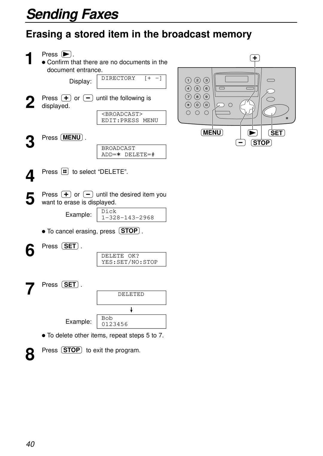 Panasonic KX-FPC161 manual Erasing a stored item in the broadcast memory 