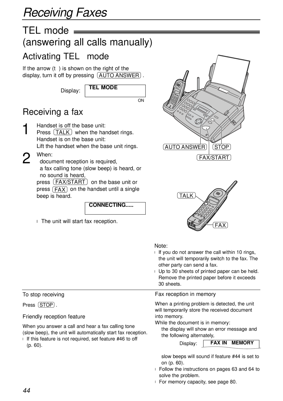 Panasonic KX-FPC161 TEL mode Answering all calls manually, Activating TEL mode, Receiving a fax 