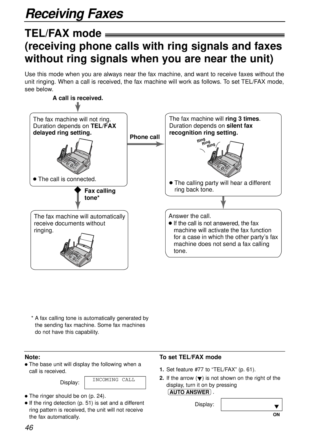 Panasonic KX-FPC161 manual Fax calling tone, To set TEL/FAX mode 