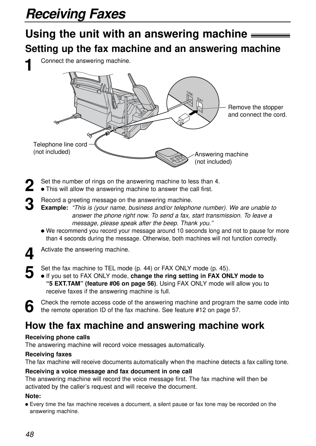 Panasonic KX-FPC161 manual Using the unit with an answering machine, Setting up the fax machine and an answering machine 