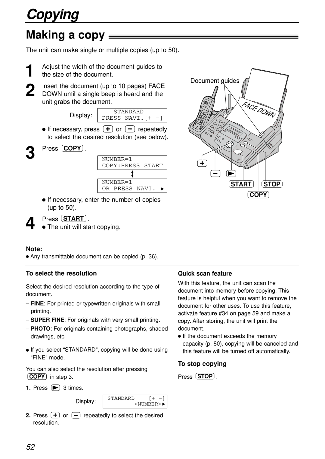 Panasonic KX-FPC161 manual Copying, Making a copy, Start Stop Copy, To stop copying 