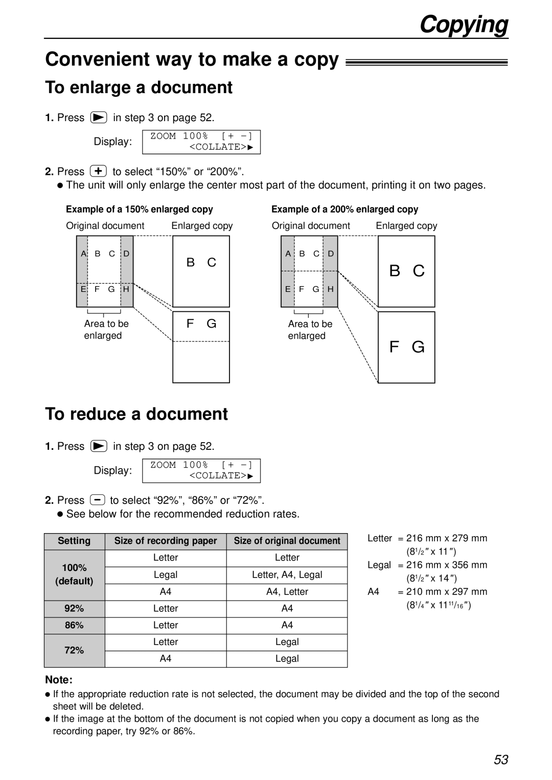 Panasonic KX-FPC161 manual Convenient way to make a copy, To enlarge a document, To reduce a document 