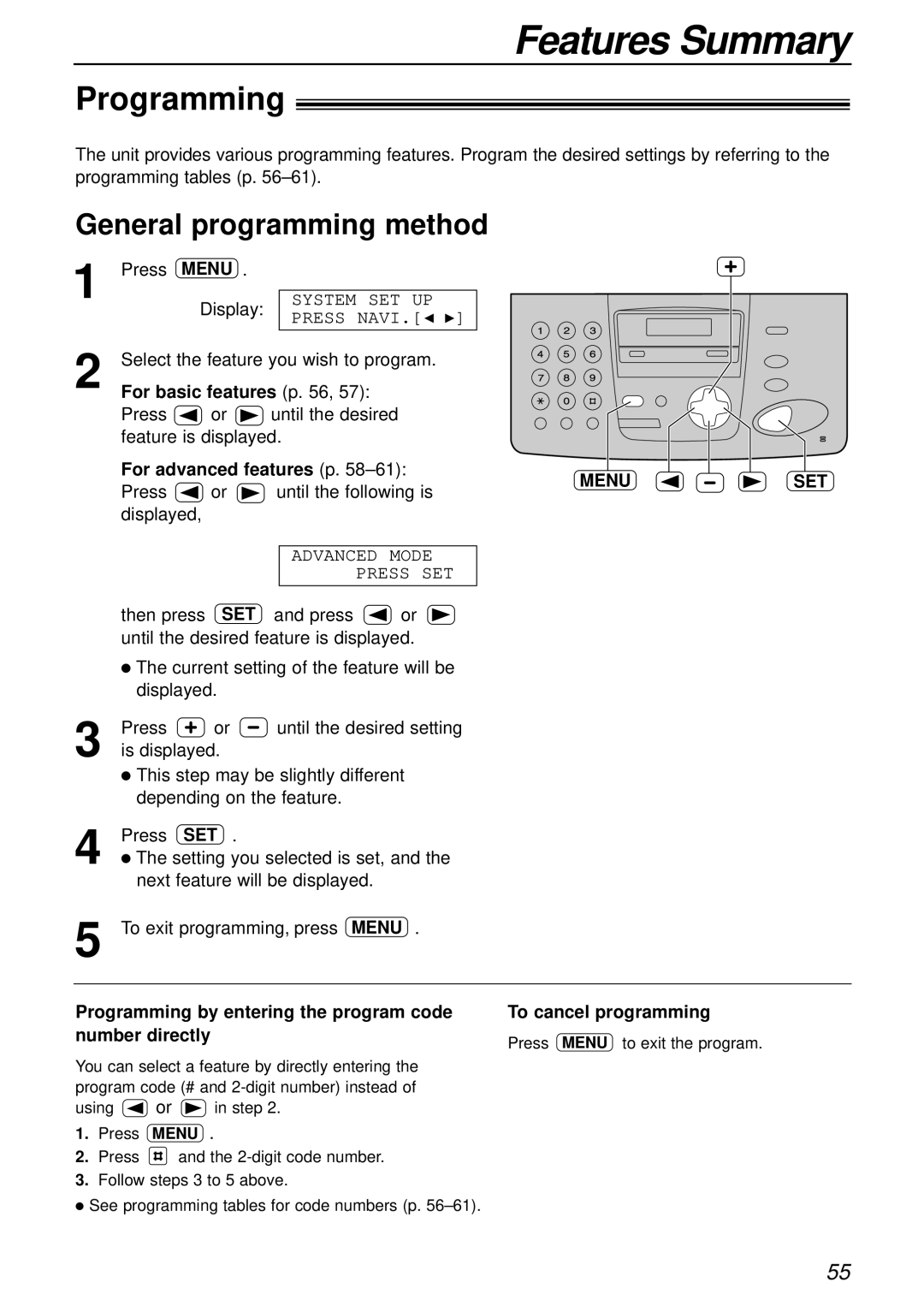 Panasonic KX-FPC161 manual Features Summary, Programming, General programming method 