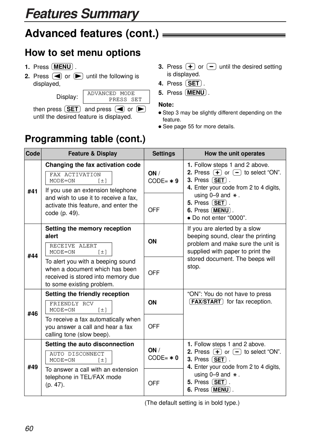 Panasonic KX-FPC161 Code Feature & Display, Changing the fax activation code, #41, Setting the memory reception, Alert 