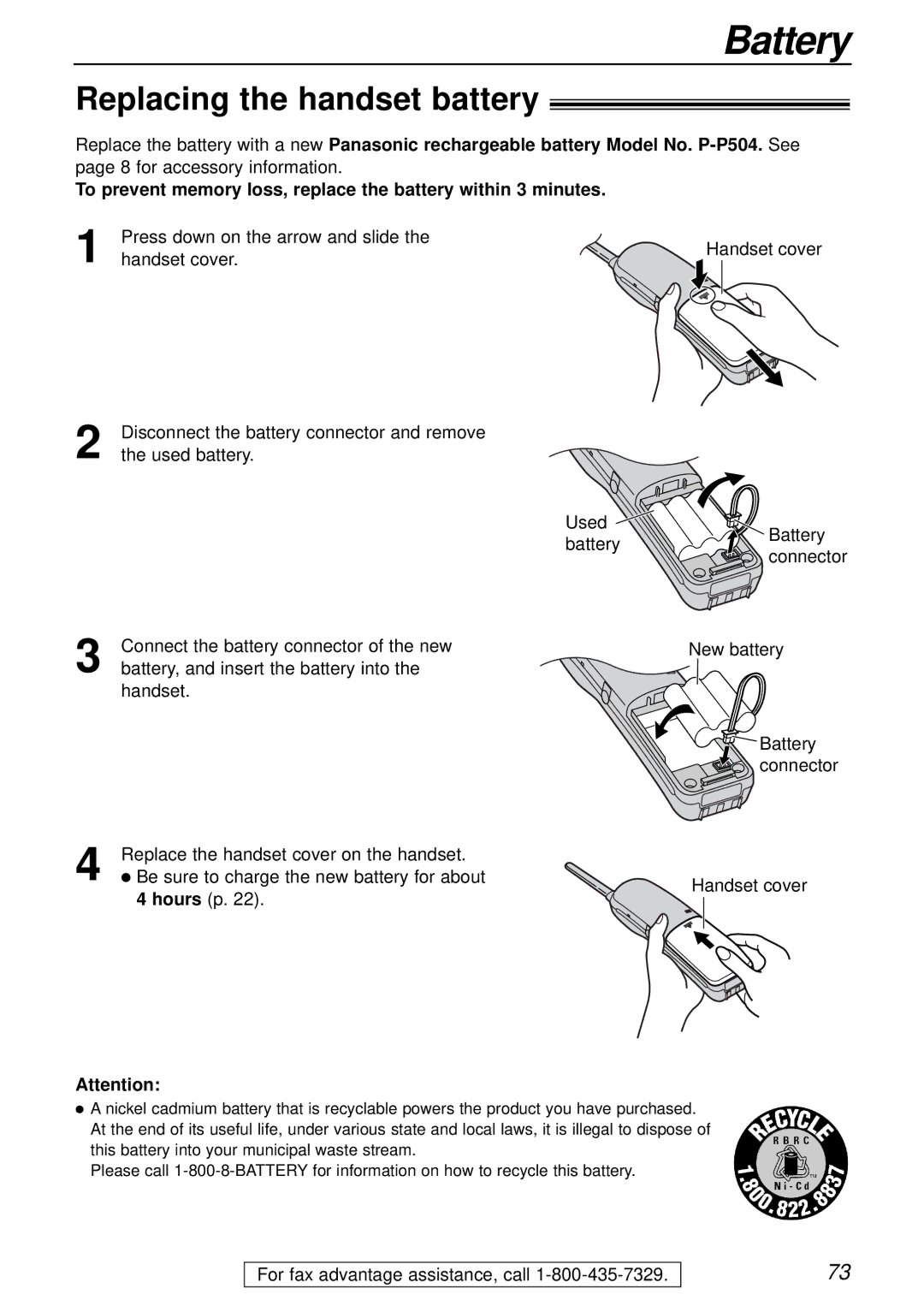 Panasonic KX-FPC161 manual Battery, Replacing the handset battery, Hours p 