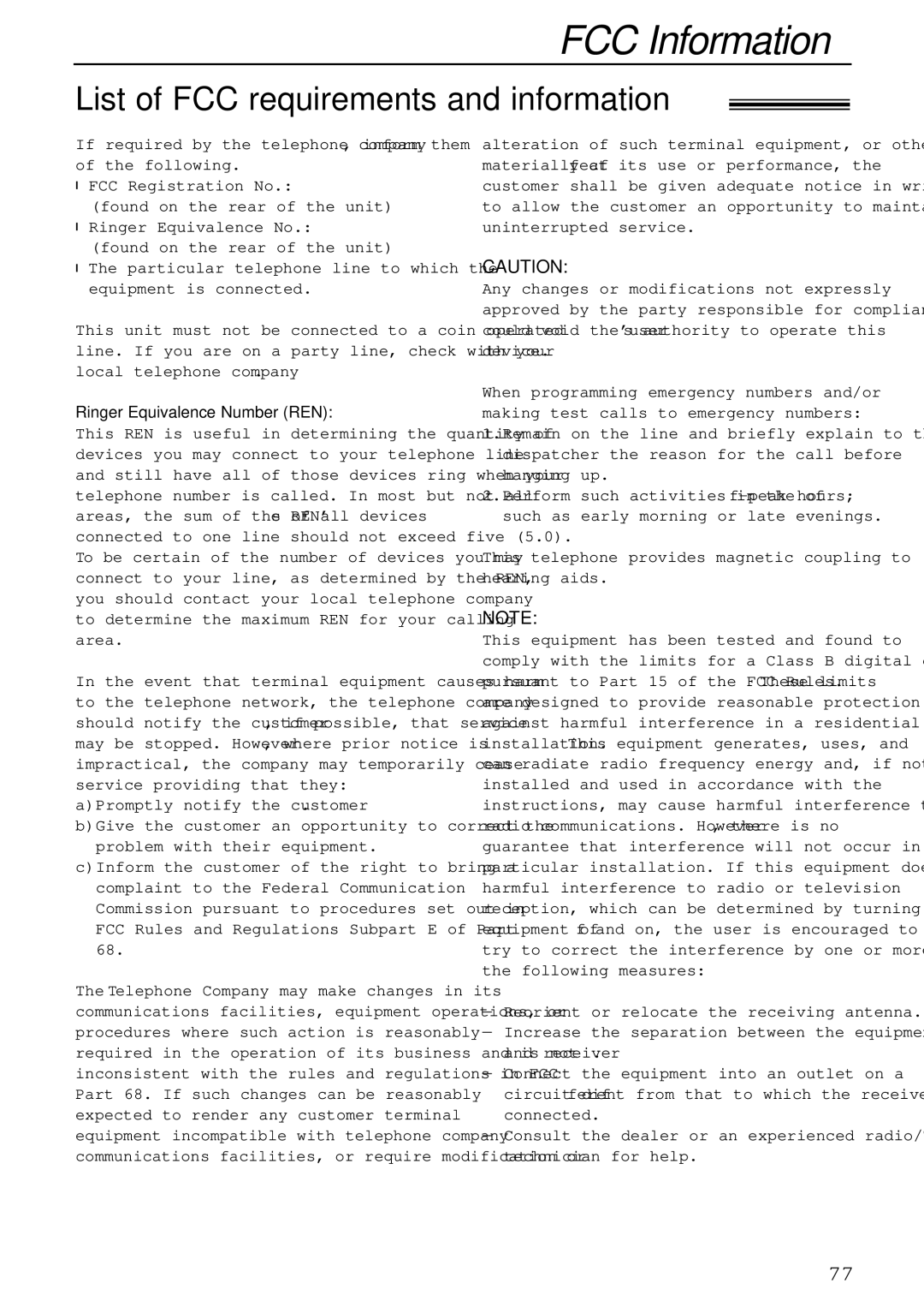 Panasonic KX-FPC161 manual FCC Information, List of FCC requirements and information 