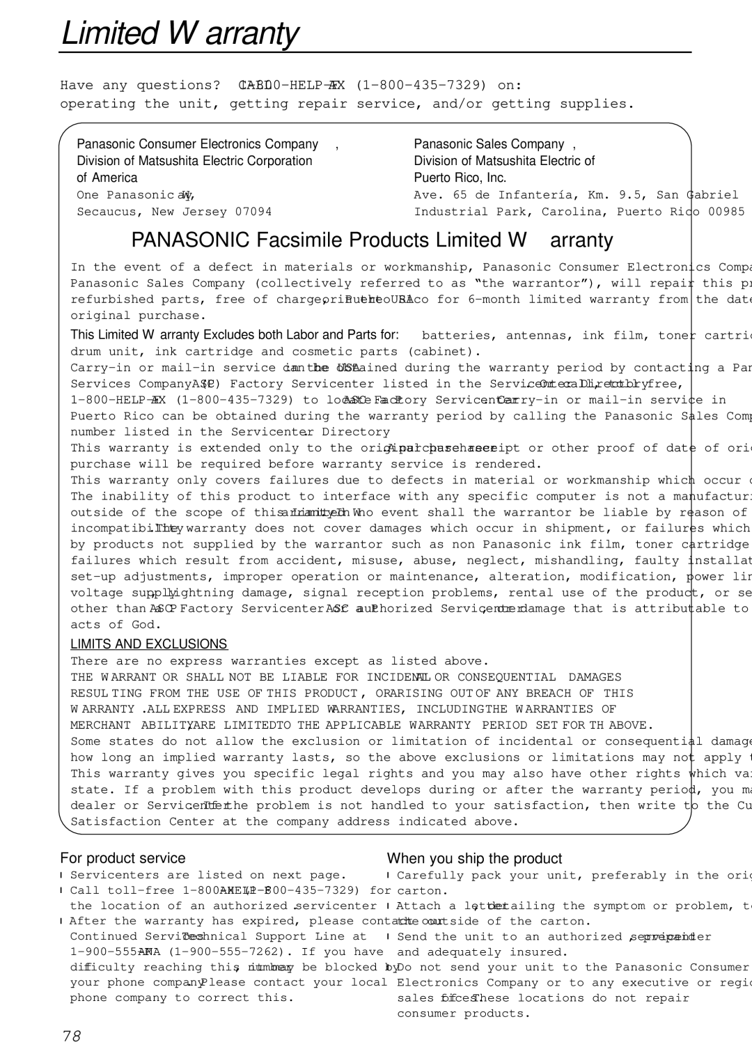 Panasonic KX-FPC161 manual Limited Warranty, For product service, When you ship the product 