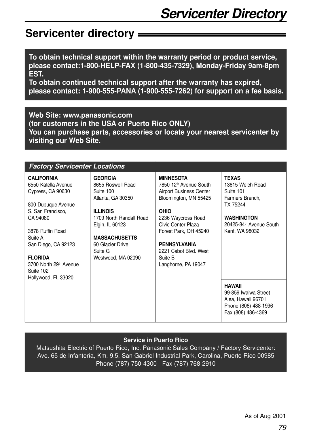 Panasonic KX-FPC161 manual Servicenter Directory, Servicenter directory 
