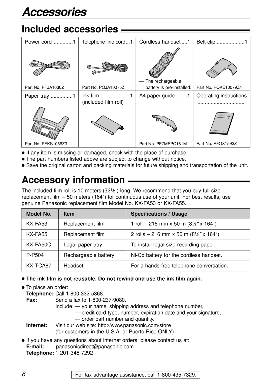 Panasonic KX-FPC161 manual Accessories, Included accessories, Accessory information, Model No Specifications / Usage 