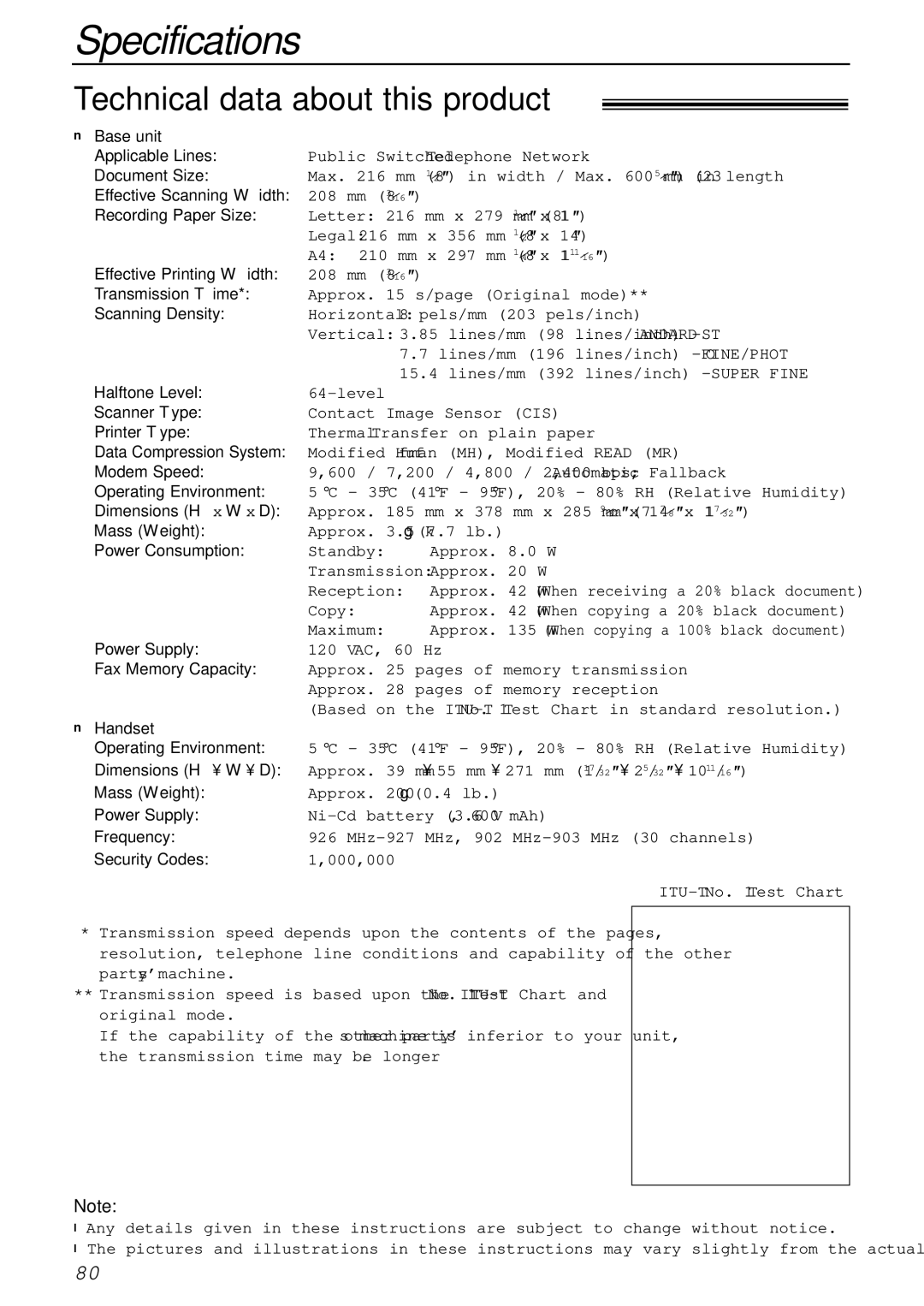 Panasonic KX-FPC161 manual Specifications, Technical data about this product 