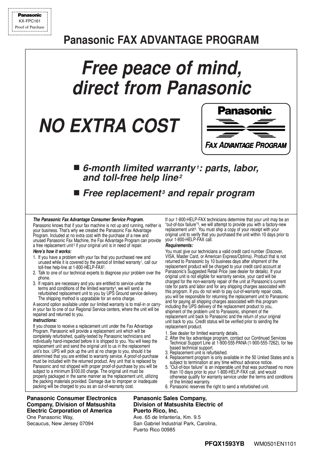 Panasonic KX-FPC161 manual No Extra Cost, Panasonic FAX Advantage Program 