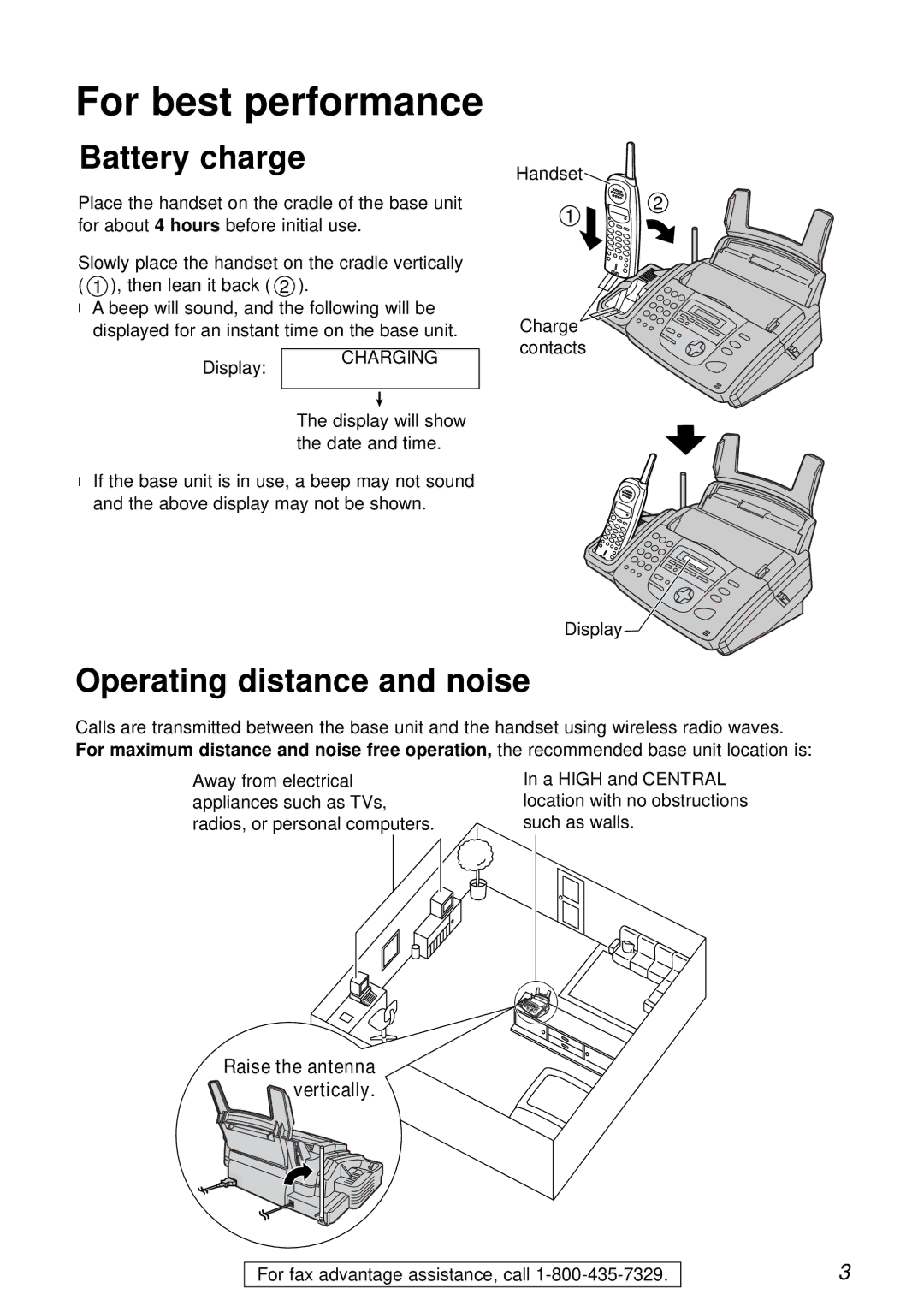 Panasonic KX-FPC166, KX-FPC165 manual Battery charge, Operating distance and noise, Raise the antenna vertically 