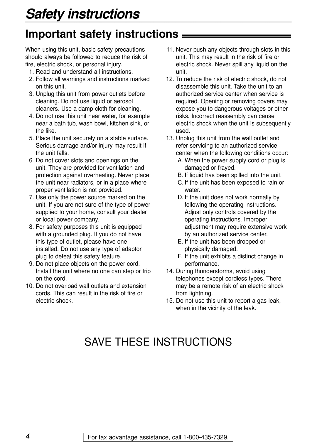 Panasonic KX-FPC165, KX-FPC166 manual Safety instructions, Important safety instructions 