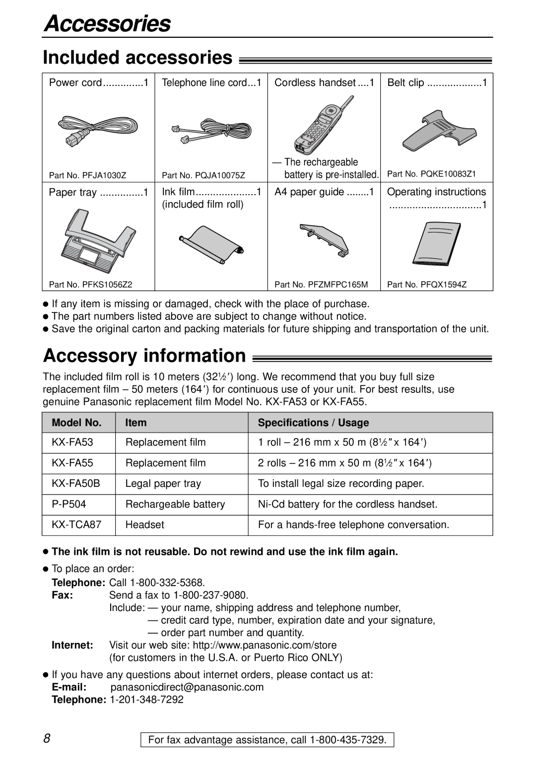 Panasonic KX-FPC165, KX-FPC166 Accessories, Included accessories, Accessory information, Model No Specifications / Usage 