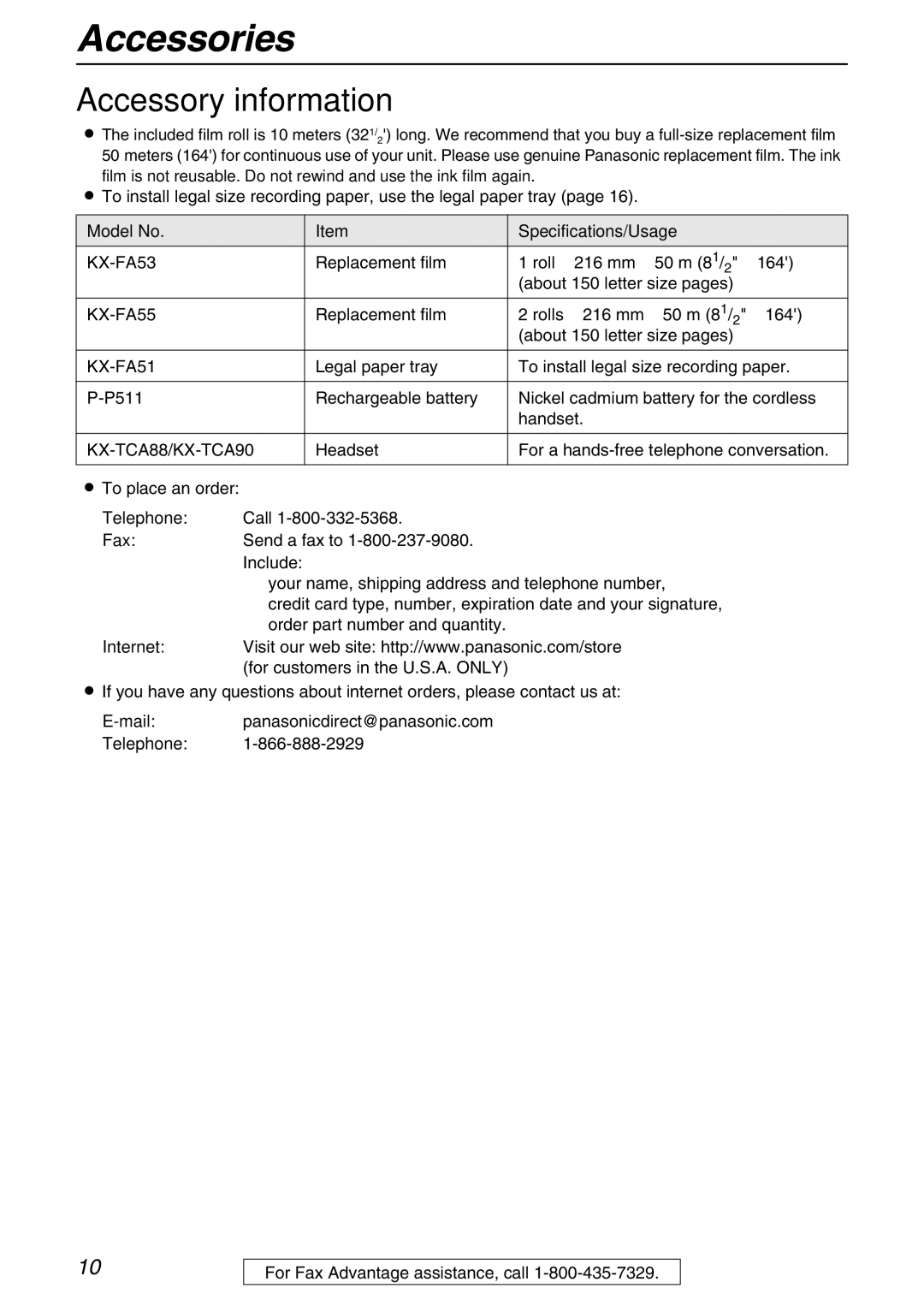 Panasonic KX-FPG371 manual Accessory information, Model No Specifications/Usage 