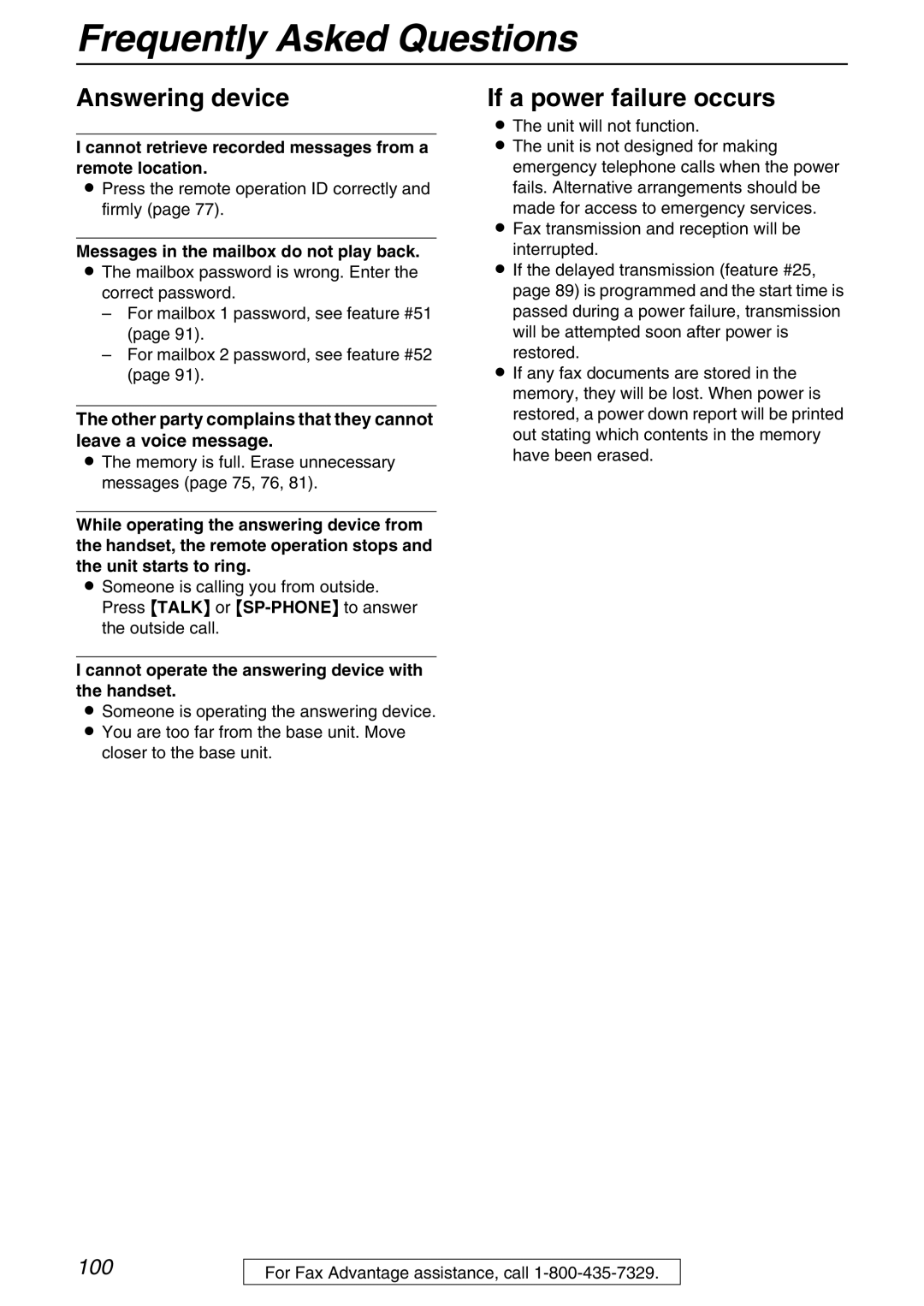 Panasonic KX-FPG371 manual If a power failure occurs, Cannot retrieve recorded messages from a remote location 