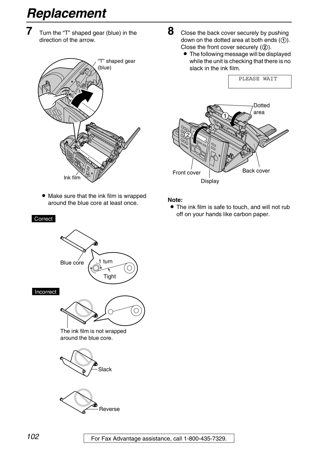 Panasonic KX-FPG371 manual Replacement, Turn the T shaped gear blue in the direction of the arrow 