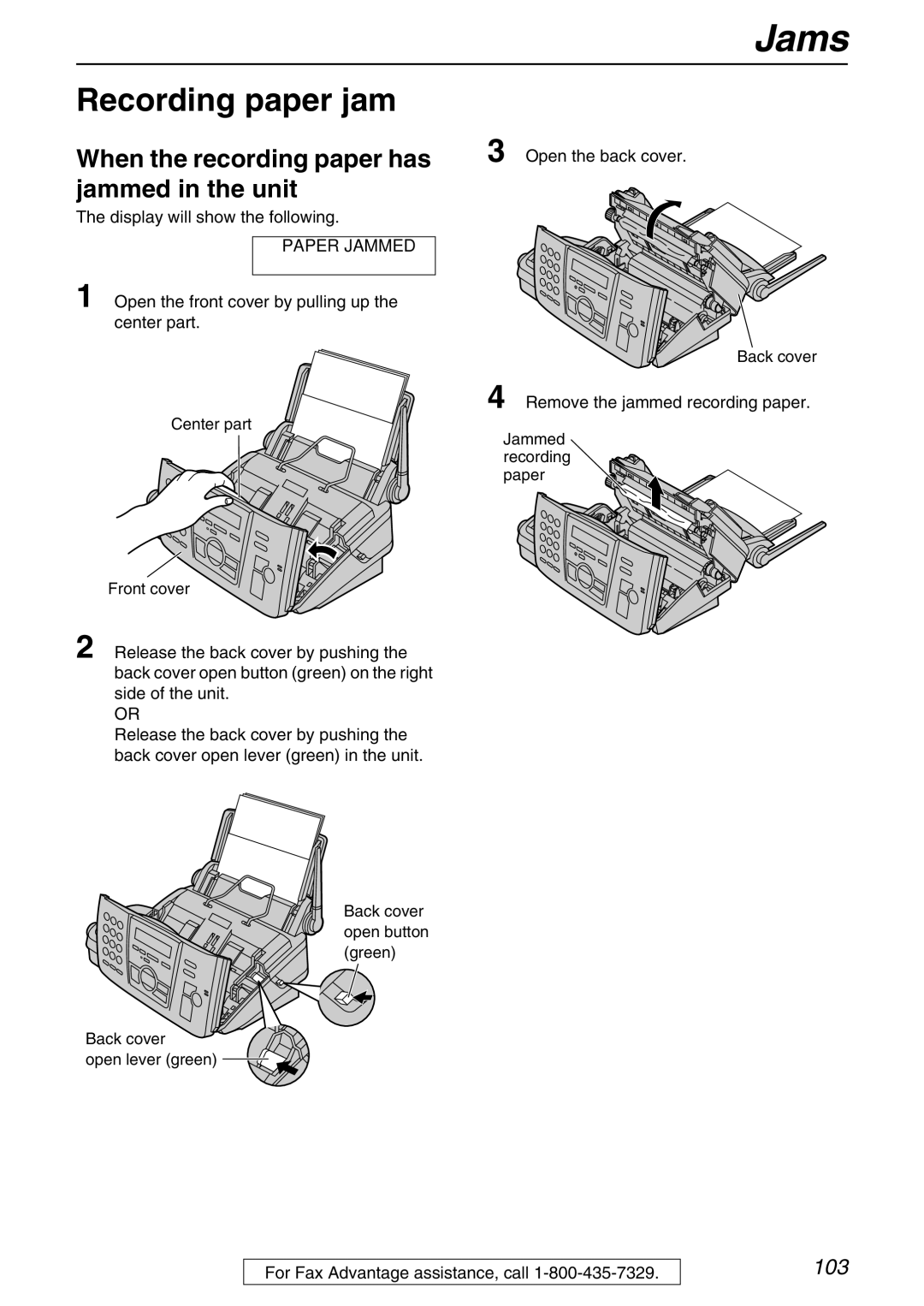 Panasonic KX-FPG371 manual Jams, Recording paper jam, When the recording paper has jammed in the unit 