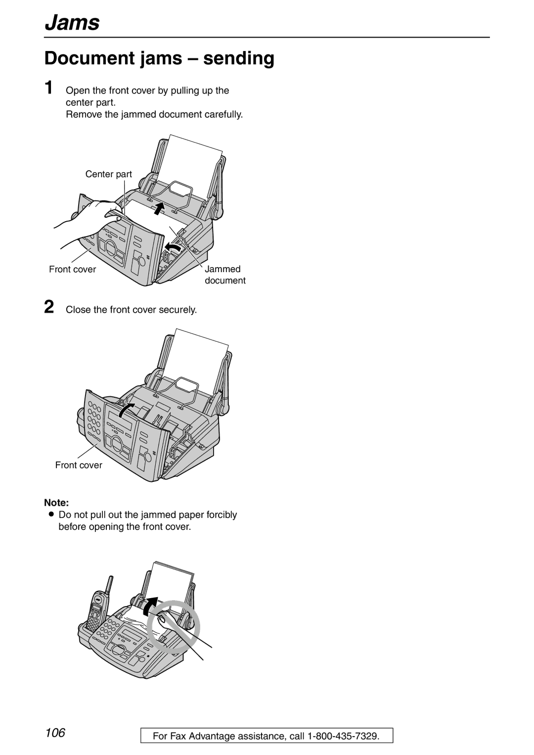 Panasonic KX-FPG371 manual Document jams sending, Close the front cover securely 