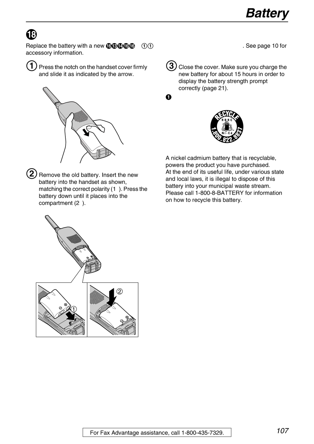 Panasonic KX-FPG371 manual Battery, Replacing the handset battery 