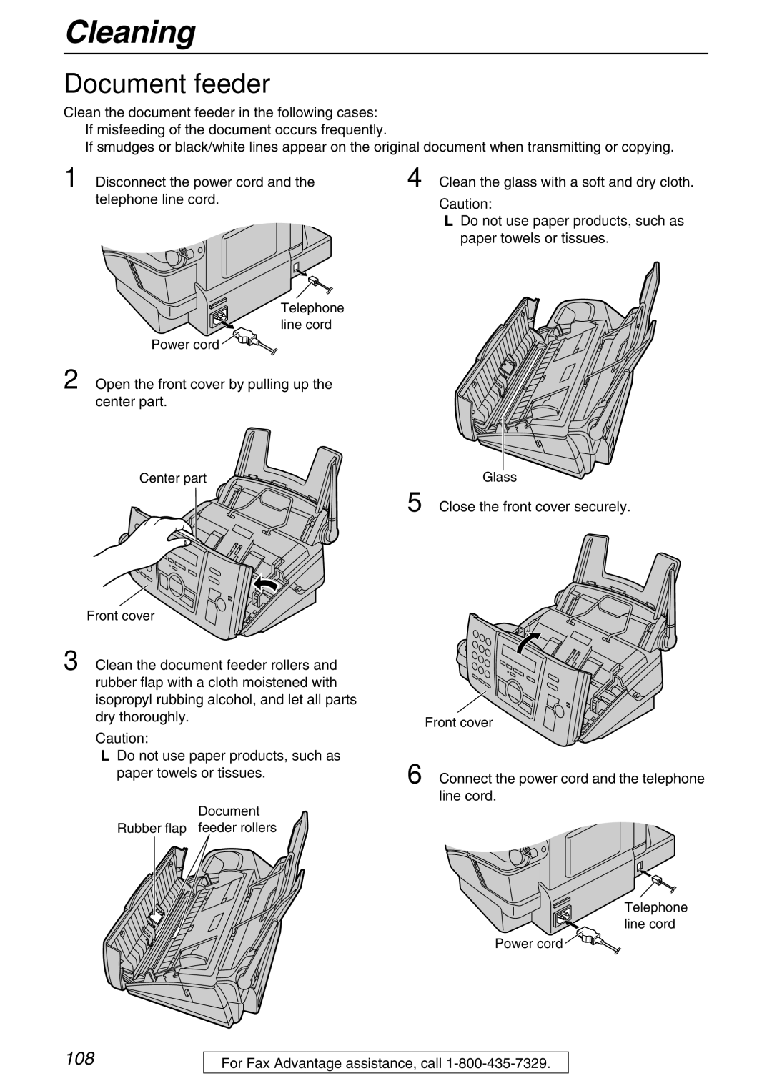 Panasonic KX-FPG371 manual Cleaning, Document feeder, Do not use paper products, such as paper towels or tissues 