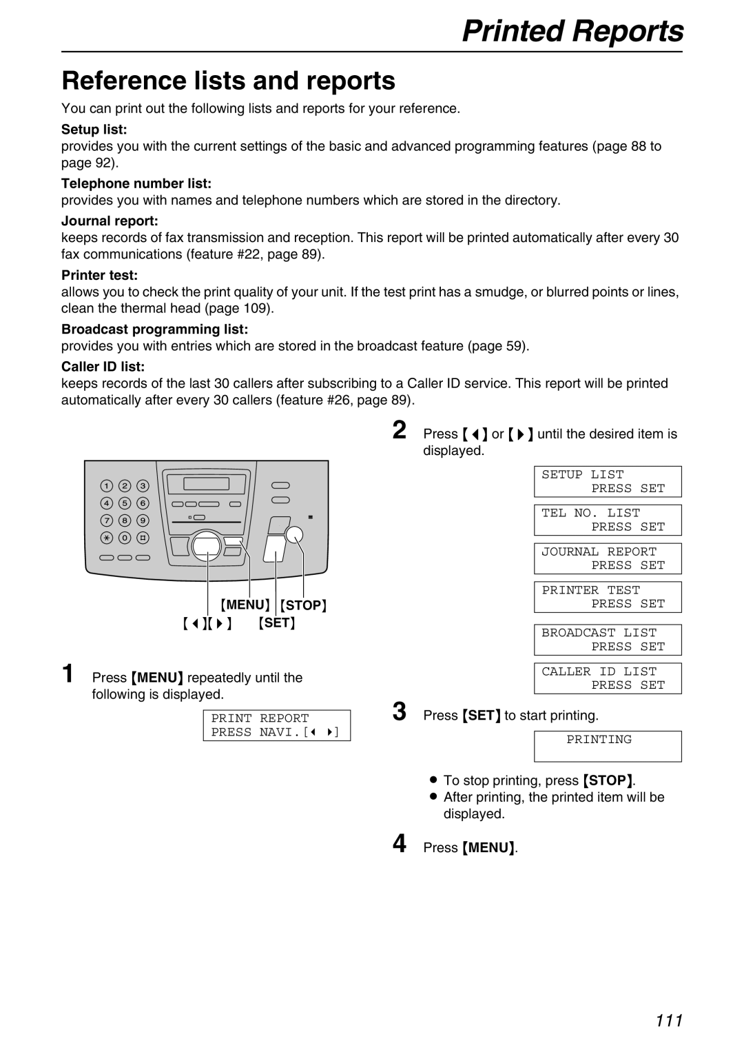 Panasonic KX-FPG371 manual Printed Reports, Reference lists and reports 