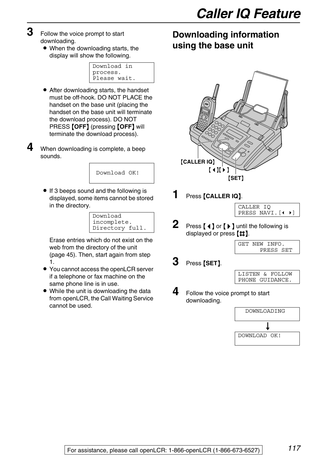 Panasonic KX-FPG371 manual Downloading information using the base unit, Follow the voice prompt to start downloading 