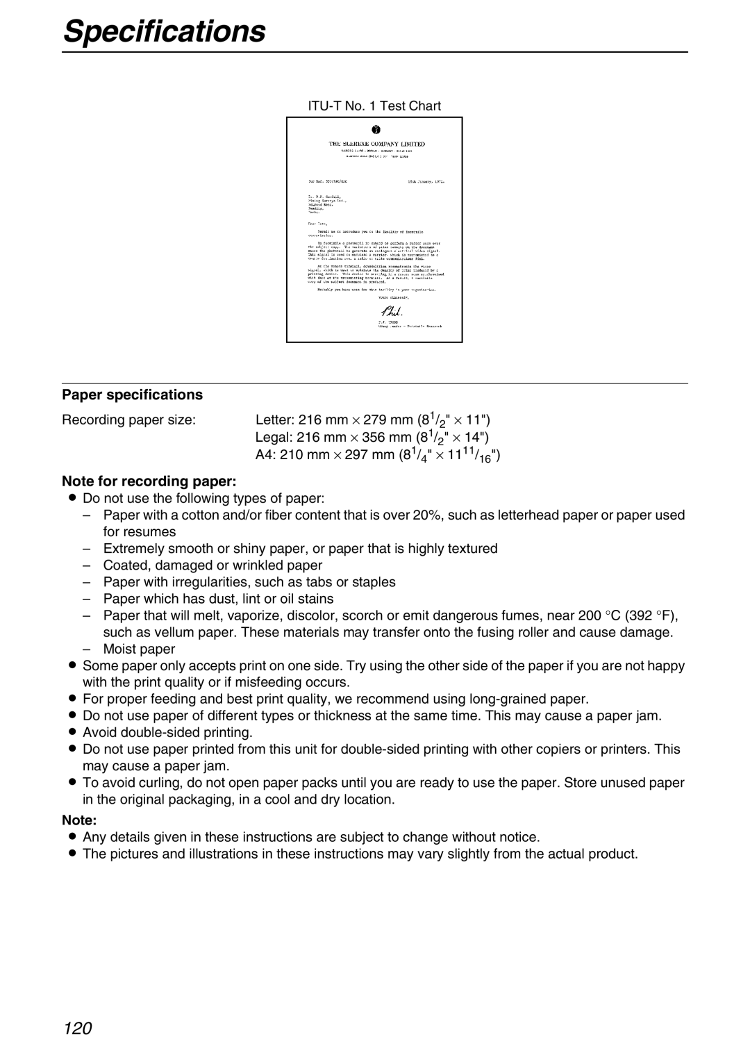 Panasonic KX-FPG371 manual Paper specifications, Recording paper size 